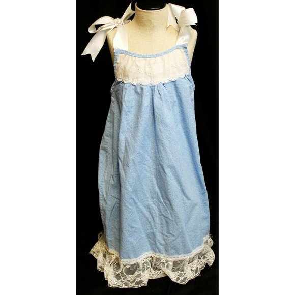 Pillowcase Dress Blue Sundress White Lace Trim Ribbon Straps Girls Sz Small - Picture 1 of 4